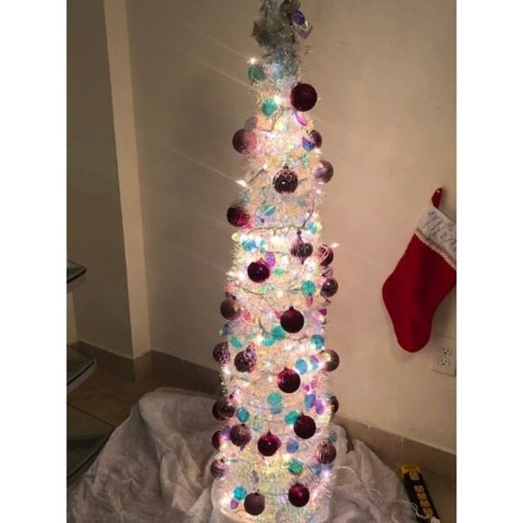 White Christmas Tinsel Tree with Lights, Easy-Assembly Glittery 5ft Pop - Picture 1 of 4